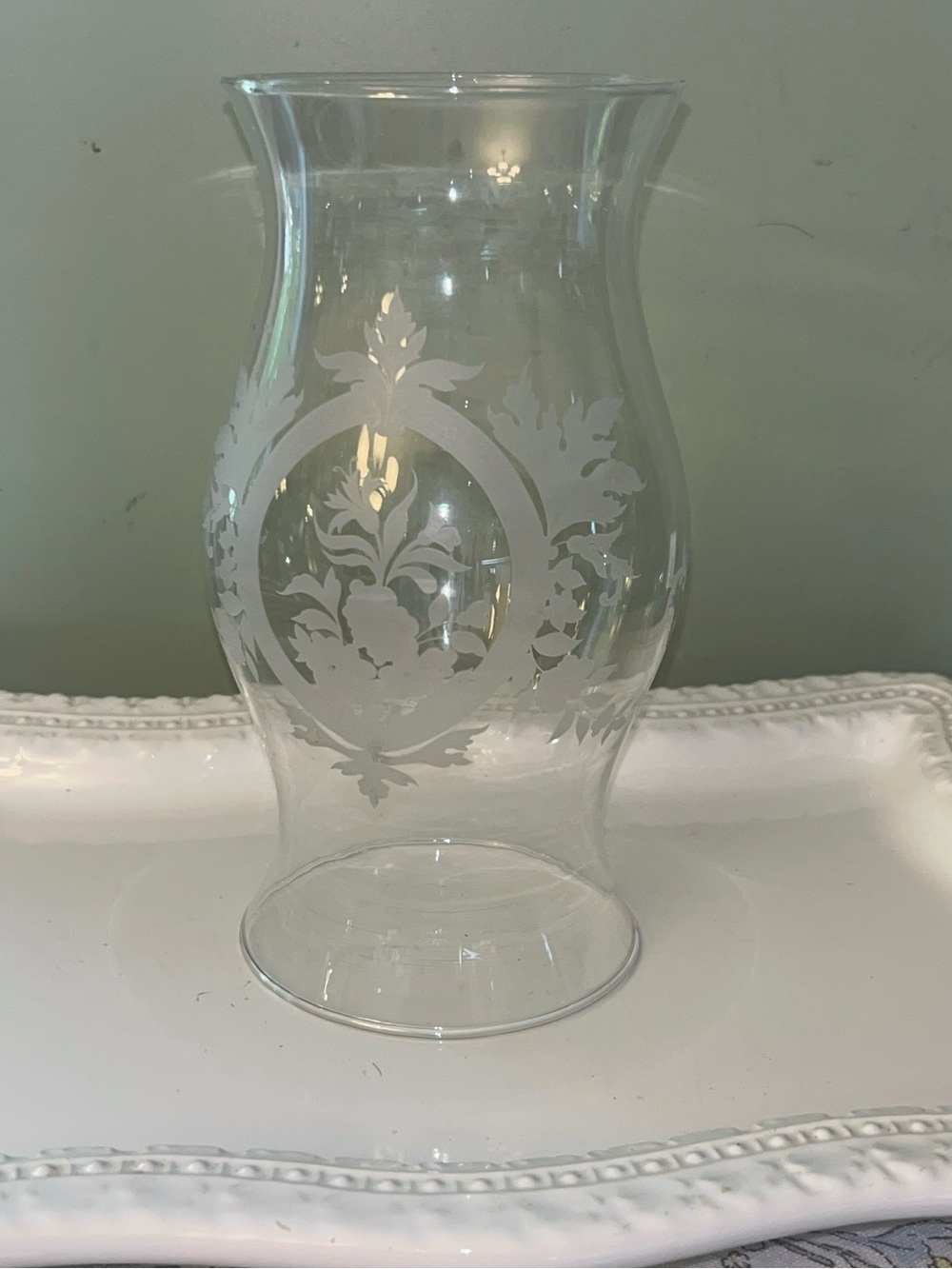 Colonial Clear Etched Floral and Medallion design Glass Hurricane Shade/Chimney
